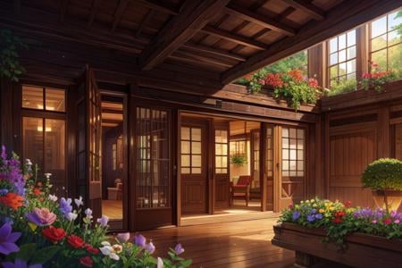 beautiful two story house made of wood with wide big windows, a black wooden door, beautiful flower garden, best quality, extemely detailed