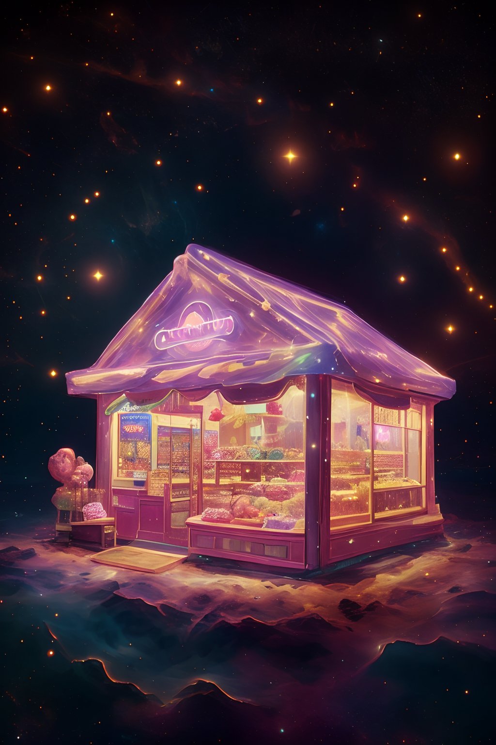 martius_nebula donut shop in a city plaza at night, cosmic <lora:Cosmic_Nebula_Style-000012:1.0>