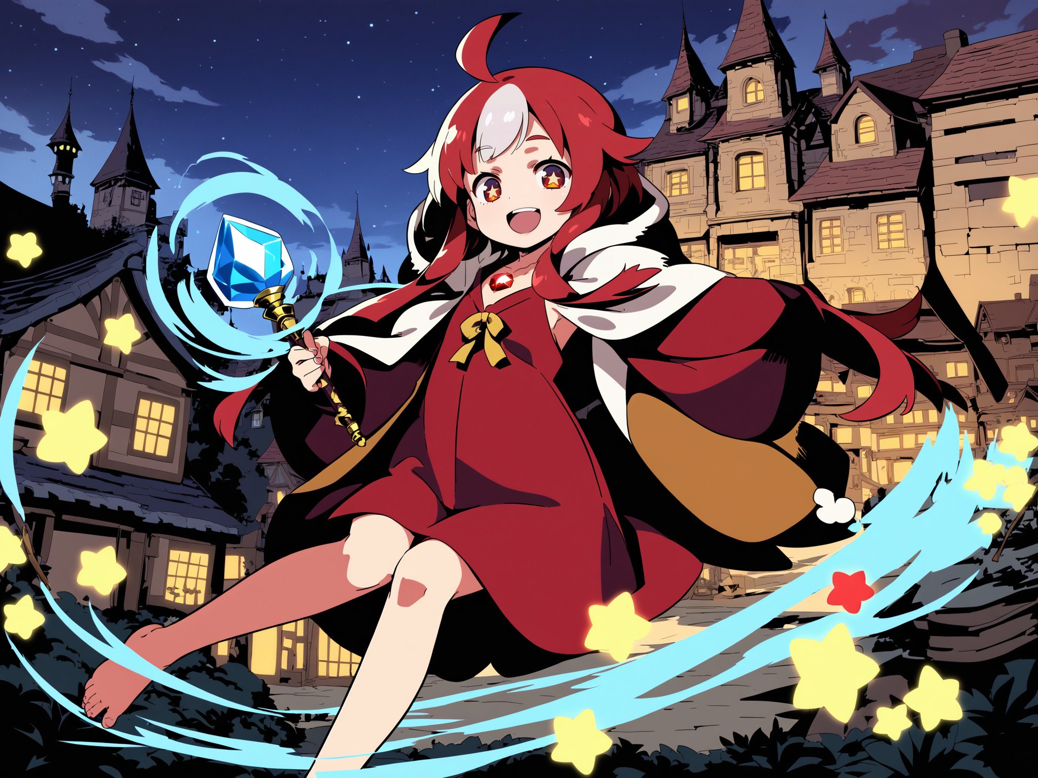 score_9,source_anime,1girl,solo,red hair,multicolored hair,flat chest,beautiful_detailed_eyes,very long hair,red eyes,multicolored eyes,close up,looking at viewer,chest jewel,jewelry,smile,open mouth,robe,hoodie,hooded jacket,wand,magic,star \(symbol\),town,flying,feet,knees_to_chest,<lora:Etrian_Odyssey_XL:0.8>,