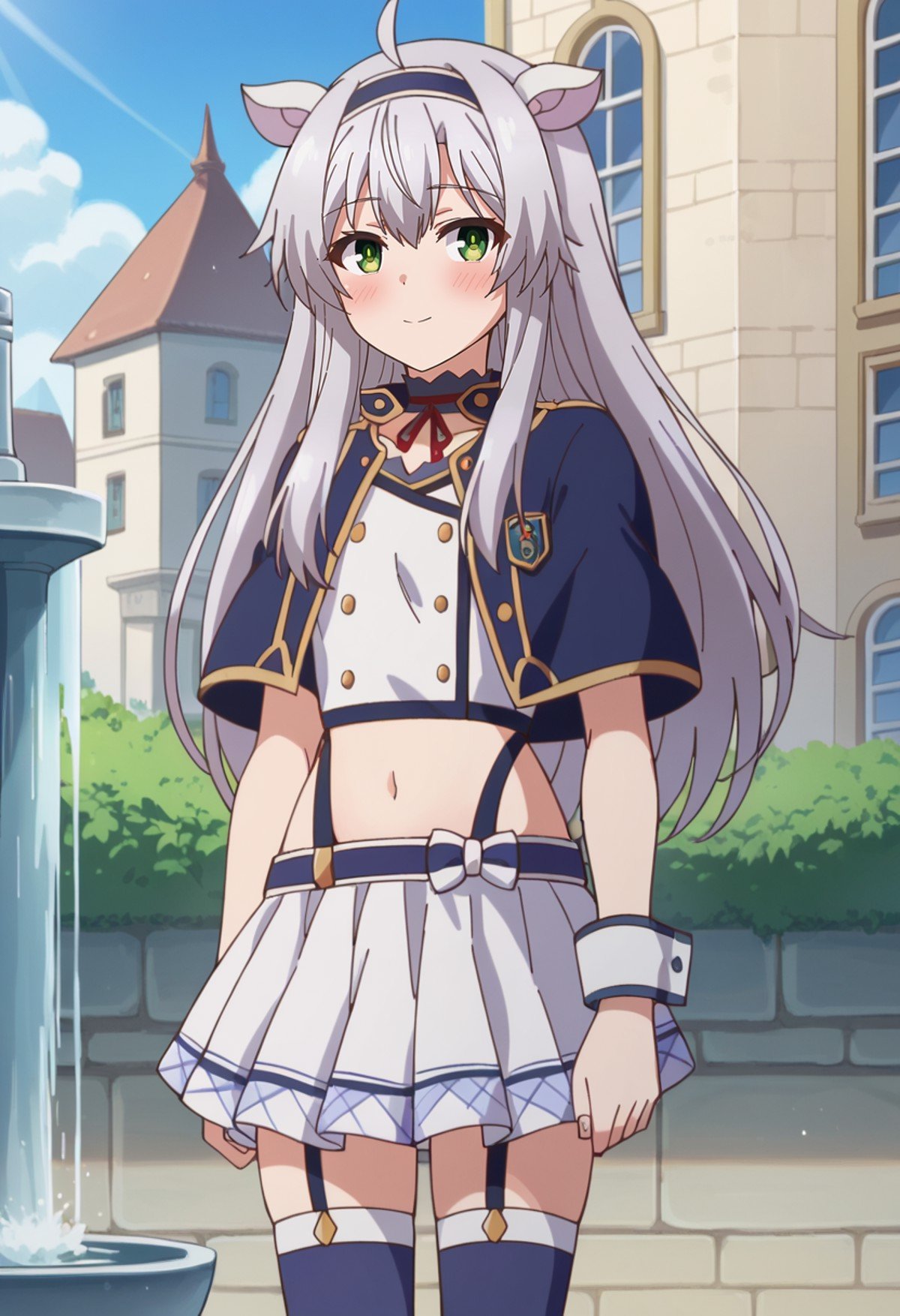 score_9, score_8_up, score_7_up, source_anime, <lora:Rokuaka_SistineFibelXL:0.8>, SistineFibel,1girl, solo, closed mouth, blush, light smile,grey hair, green eyes, long hair, ahoge, animal ears, hairband,SistineSchool, asymmetrical clothes, blue capelet, choker, red ribbon, white shirt, crop top, garter straps, white skirt, blue thighhighs, buttons, short sleeves, navel, single wrist cuff, single glove,standing, looking at the viewer,outdoors, medieval, fantasy, city, fountain, blue sky, sunlight