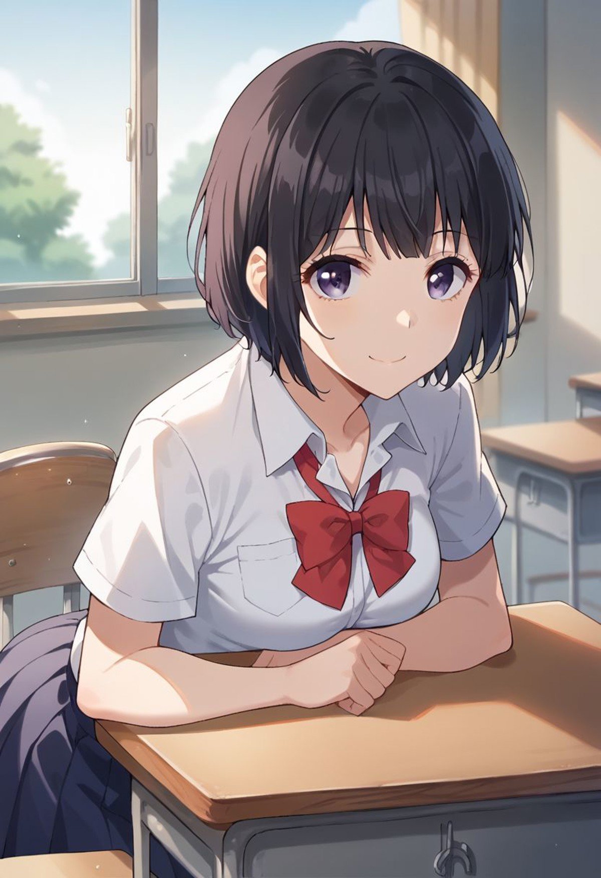 score_9, score_8_up, score_7_up, score_6_up, score_5_up, score_4_up,yasuraoka hanabi, black hair, short hair, purple eyes, 1girl, solo, classroom, desk, school uniform, skirt, indoors, smile, school desk, looking at viewer, shirt, bow, short sleeves