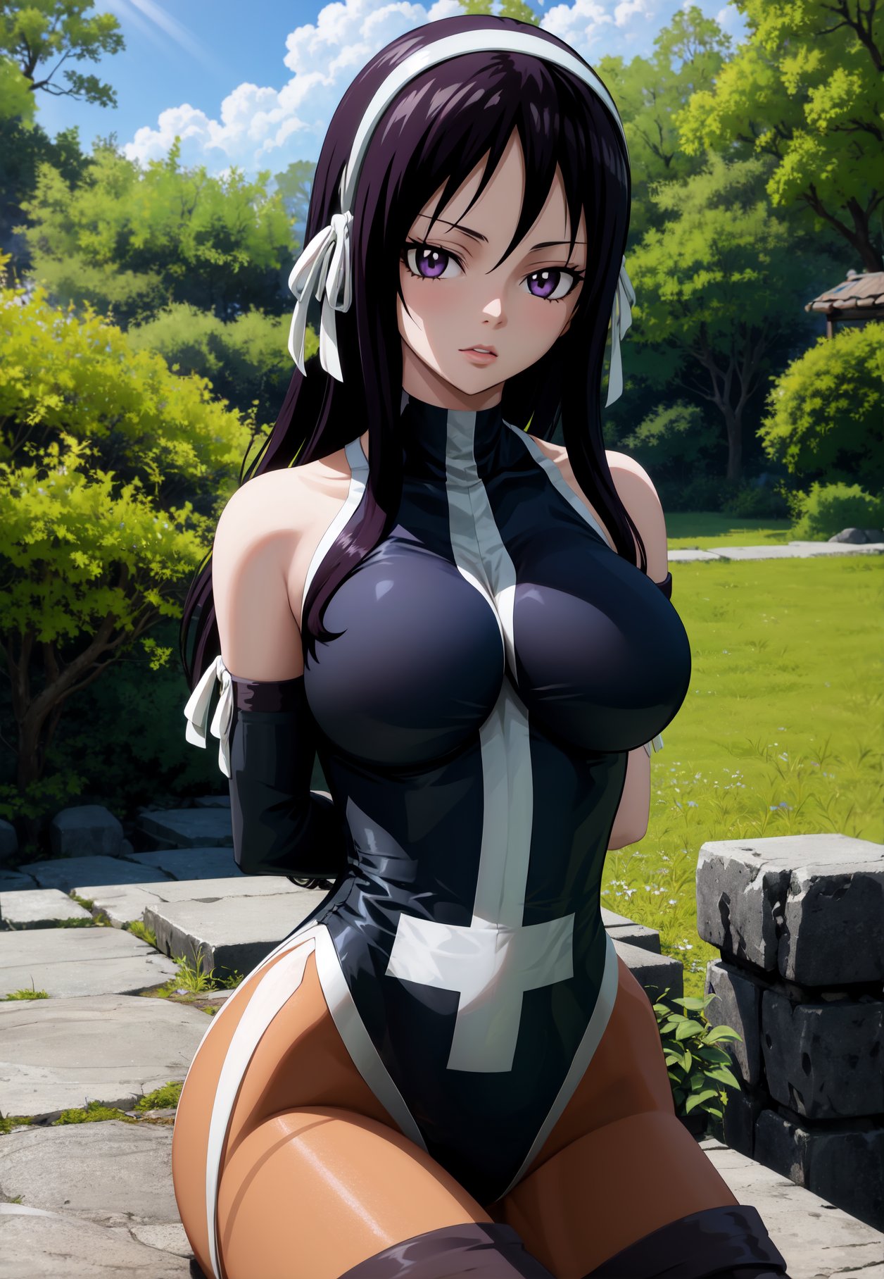 masterpiece, best quality, very aesthetic, ultra detailed, intricate details, 4k, anime style,MilkovichAi, 1girl, solo, black hair, purple eyes, hair ribbon, white hairband, hairband, long hair, breasts, large breasts,thighhighs, gloves, ribbon, pantyhose, boots, elbow gloves, leotard, thigh boots, ultear milkovich, fairy tail, sitting, upper body, looking at viewer, arms behind back, forest, outdoors, tree, sunlight, cloudy, <lora:Milkovich:1>