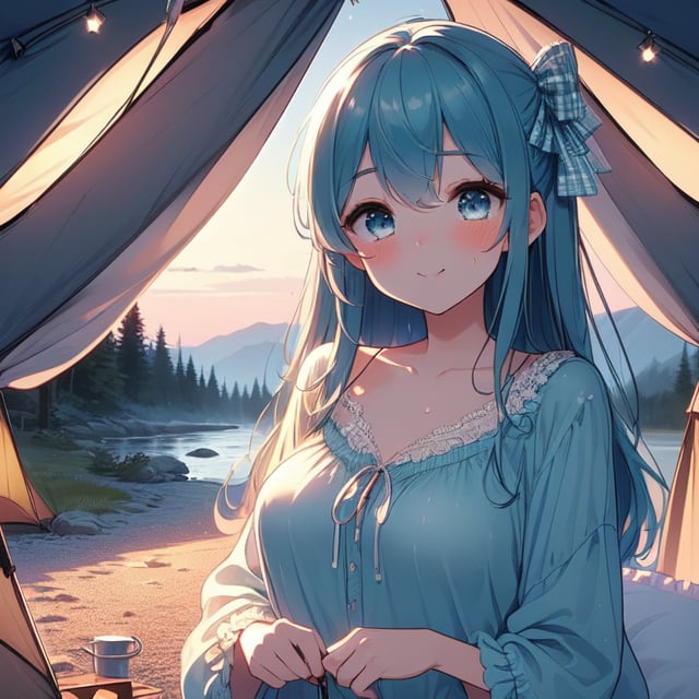 (((masterpiece))),  (((best quality))),  (((camping tent))),  ((open door curtain)),  ((pillow hug)),  ((cyan frills chiffon pajamas)),  bonfire,  star \(sky\),  (((night))),  big tits,  collarbone,  sweat,  ribbon,  longhair,  smile,  shy,  blush,  grass,  gravel,<lora:EMS-272345-EMS:1.000000>