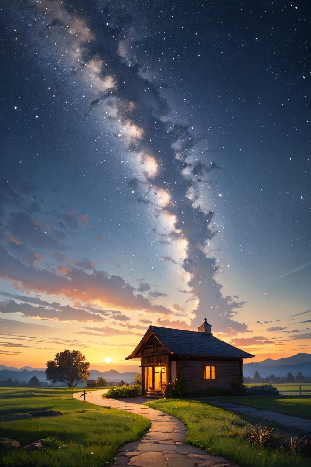 <lora:Beautiful outdoor-Countryside:0.6>,Beautiful outdoor,nature,star \(sky\),grass,night sky,starry sky,night,shooting star,house,path,window,, edge quality, perspective silhouette, 8k, best quality, masterpiece, extremely detailed, rule of thirds, photorealistic, superb, HDR, high resolution, sharp focus, photorealistic rendering, extremely detailed description, professional, gorgeous and intricate detail,