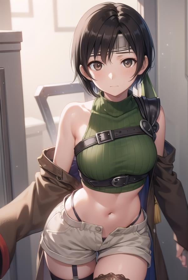 yuffiekisaragi, <lora:yuffie kisaragi v2-lora-nochekaiser:1>, yuffie kisaragi, (black hair:1.5), (brown eyes:1.7), short hair, pixie cut,BREAK crop top, fingerless gloves, fishnet thighhighs, fishnets, forehead protector, gloves, headband, navel, short shorts, shorts, single sleeve, single thighhigh, sleeveless, sleeveless turtleneck, thighhighs, turtleneck,BREAK cowboy shot, looking at viewer, BREAK indoors,BREAK <lyco:GoodHands-beta2:1>, (masterpiece:1.2), best quality, high resolution, unity 8k wallpaper, (illustration:0.8), (beautiful detailed eyes:1.6), extremely detailed face, perfect lighting, extremely detailed CG, (perfect hands, perfect anatomy),