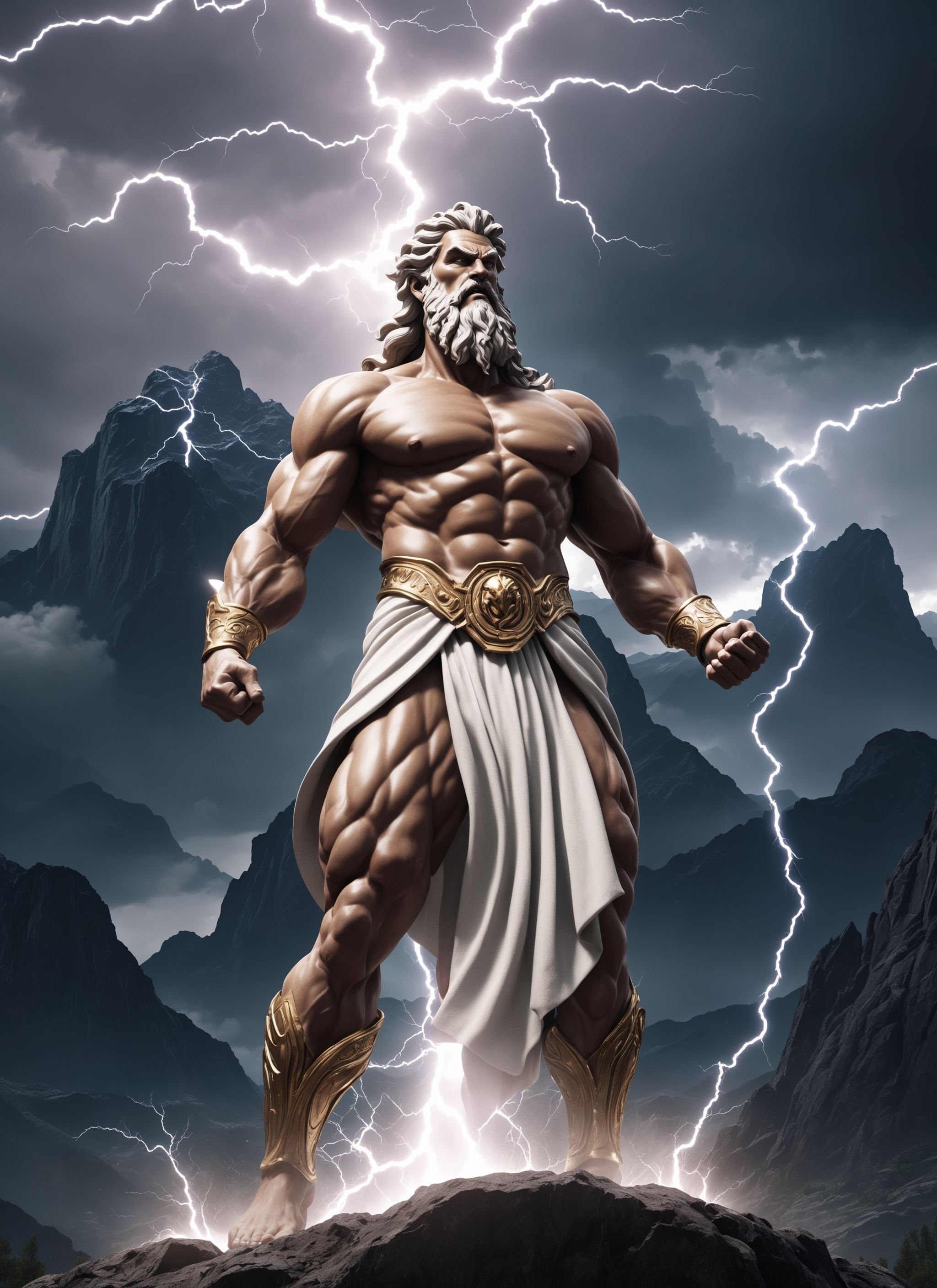 Wide angle 8k photorealistic raw photography, (God Zeus in Powerful stance:1.3), Commanding presence, Muscular physique, (Thunderous lightning bolts:1.2), Epic mountain backdrop, Dynamic clouds, (Awe-inspiring aura:1.2), Intricate details, Divine radiance, Cinematic lighting and shadows