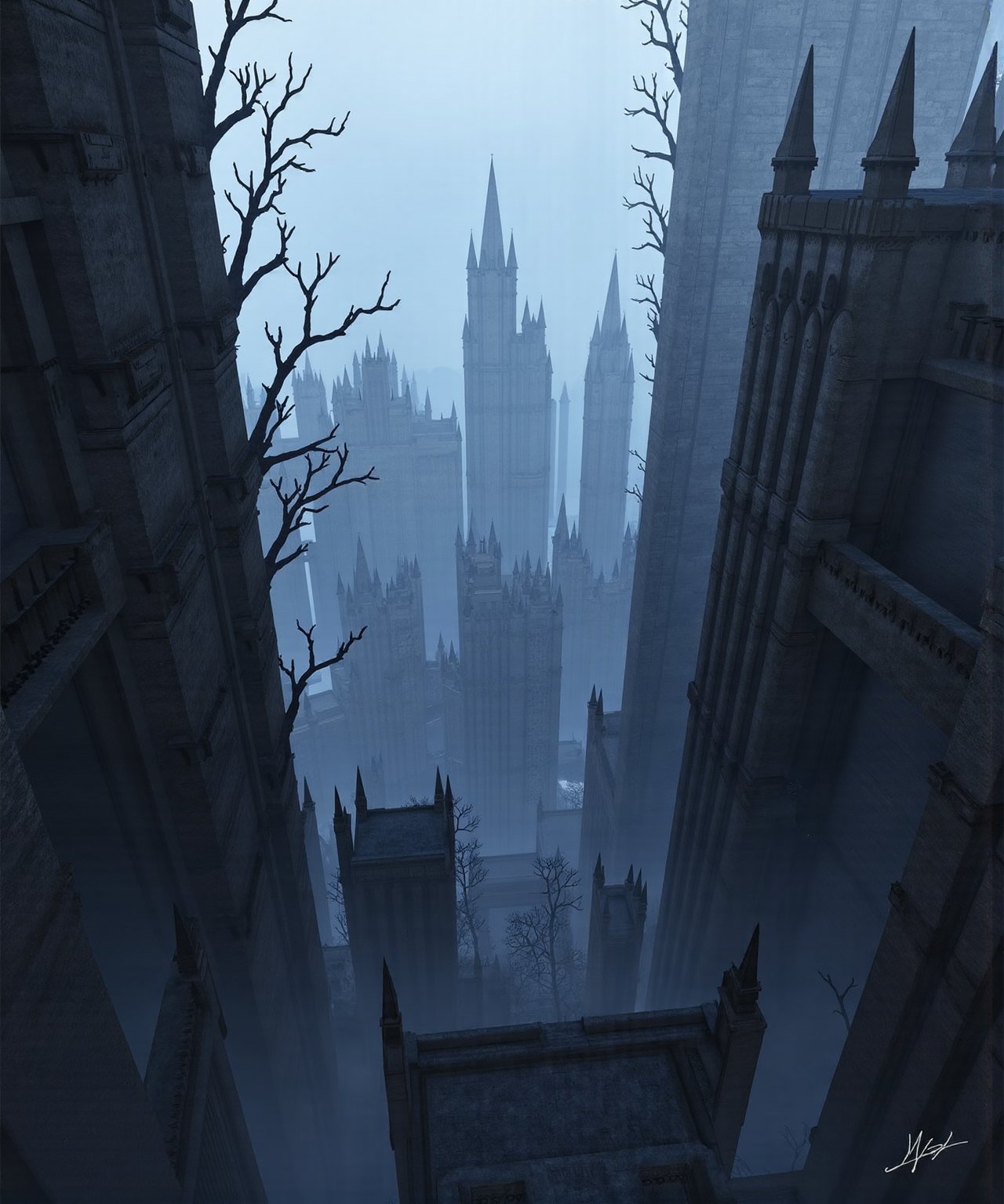 <lora:flux-shock-scenery:1>,The image is an aerial view of a city with tall buildings and trees. The buildings are made of stone and have intricate architectural details. The trees are twisted and gnarled, creating a canopy over the city. The sky is a pale blue, and the overall mood of the image is eerie and mysterious. The image appears to be taken from a high vantage point, looking down on the city below.