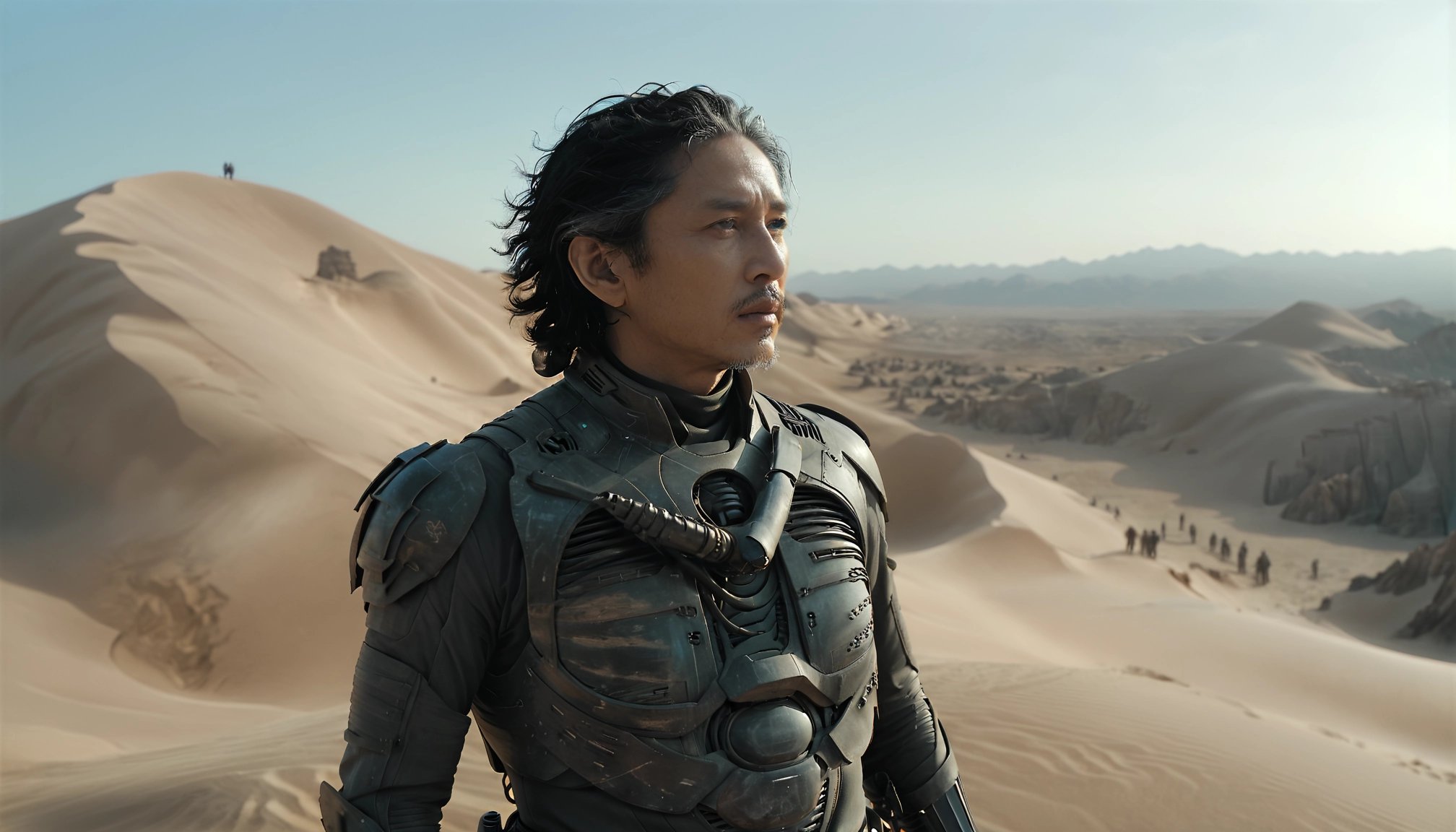 sci-fi style cinematic photo dune, movie, director denis villeneuve, cinematic, science fiction, futuristic, sci-fi epic, Noriyoshi Ohrai, Noriyoshi Ohrai is a prominent Japanese music producer who has worked on numerous film scores, including Denis Villeneuve's Dune. The movie is a science fiction epic set in a distant future where humanity battles for control of valuable resources known as spice. The landscape is dotted with towering sand dunes under a clear blue sky, creating a visually stunning backdrop for the intense action scenes and thought-provoking philosophical discussions. The overall cinematography is breathtakingly beautiful and masterfully crafted, making it one of the most highly acclaimed films of its time.  . 35mm photograph, film, bokeh, professional, 4k, highly detailed . futuristic, technological, alien worlds, space themes, advanced civilizations