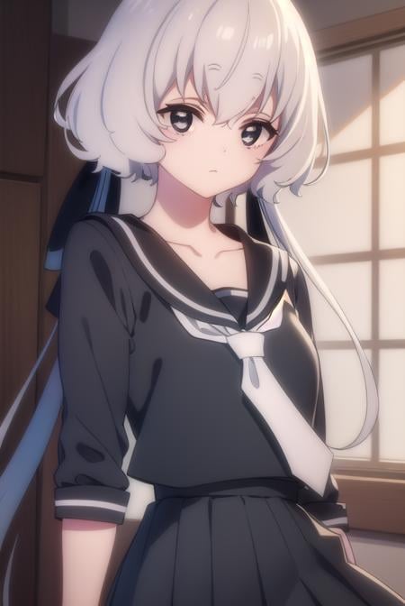 junkokonno, <lora:junko konno s2-lora-nochekaiser:1>,junko konno, low twintails, (black eyes:1.5), twintails, white hair,BREAK sailor dress, serafuku, skirt, school uniform, white necktie, necktie, long sleeves,BREAK looking at viewer, full body,BREAK indoors, classroom,BREAK <lyco:GoodHands-beta2:1>, (masterpiece:1.2), best quality, high resolution, unity 8k wallpaper, (illustration:0.8), (beautiful detailed eyes:1.6), extremely detailed face, perfect lighting, extremely detailed CG, (perfect hands, perfect anatomy),