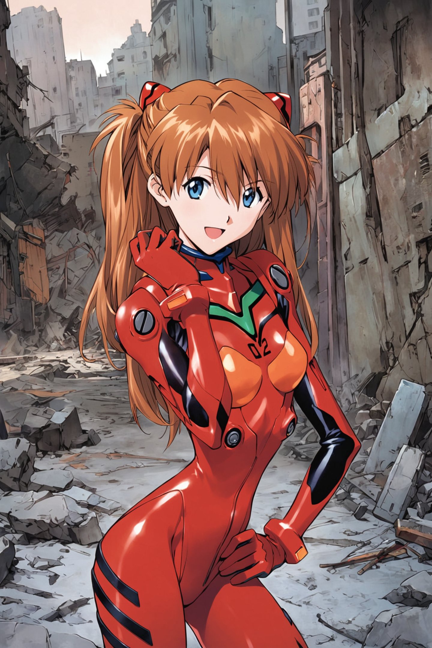 1girl,long hair,plugsuit,bodysuit,souryuu asuka langley,pilot suit,bracer,ruins,city,blue eyes,smile,breasts,bangs,turtleneck,solo,cowboy shot,:d,hair between eyes,gloves,(red bodysuit:1.5),small breasts,looking at viewer,headgear,two side up,hand on hip,skinny,adjusting hair,narrow waist,standing,brown hair,science fiction,hand up,shiny clothes,hair ornament,happy,from side,shiny,skin tight,<lora:Sadamoto Yoshiyuki_XL_V3:0.8>,