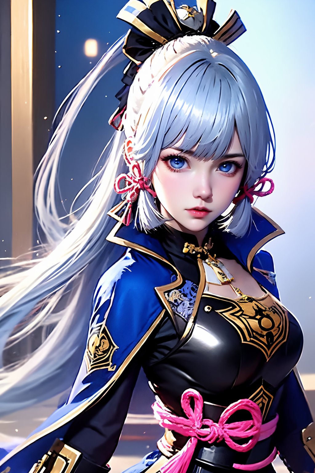 1girl,upper body, kamisato ayaka, solo, blue eyes, long hair, looking at viewer, ponytail, armor, blunt bangs, ribbon, hair ribbon, lips, white hair, tress ribbon, from side, breastplate, sidelocks, hair ornament, jacket, realistic, pink ribbon, nose, closed mouth, armored dress, blue jacket, japanese armor, long sleeves, blue hair, mole, mole under eye, blue capelet, high ponytail, looking to the side, arm guards, light blue hair, indoorssurrounded by brilliant light and dream styledream space background,