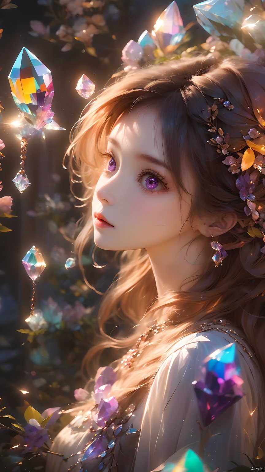 (masterpiece, best quali),1girl,long_amber_hair,amber_eyes, light gray and light beige, detailed, gentle and focused romanticism, overhead shot, dim flowers in the foreground, depth of field, Canon R6, bright soft ambient outdoor light, liuyifei,depressed,Crystal Girl, Colorful crystal decoration,Crystal necklace,Crystal on the body,Floating Colorful Crystal,Purple gradient hair,1girl, hand<lora:EMS-302898-EMS:0.600000>, <lora:EMS-303786-EMS:0.600000>, <lora:EMS-300702-EMS:0.600000>