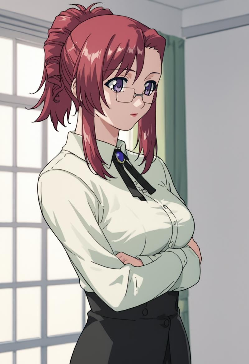 source_anime, score_9, score_8_up, score_7_up, white background,  1girl, solo, cowboy shot,   <lora:KazamiMizuho:0.8> kazami mizuho, glasses, ponytail, teacher, 