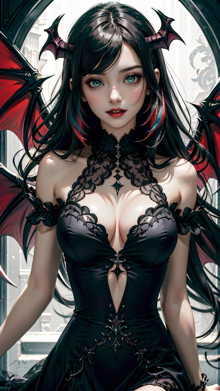 (best quality, masterpiece, colorful, dynamic angle, highest detailed) upper body shot, fashion photography of cute succubus girl, gothic, large demon redwings, long green hair, half demon, crimson iris, cat eyes, vampire very long fangs, light passing through hair, (official art)