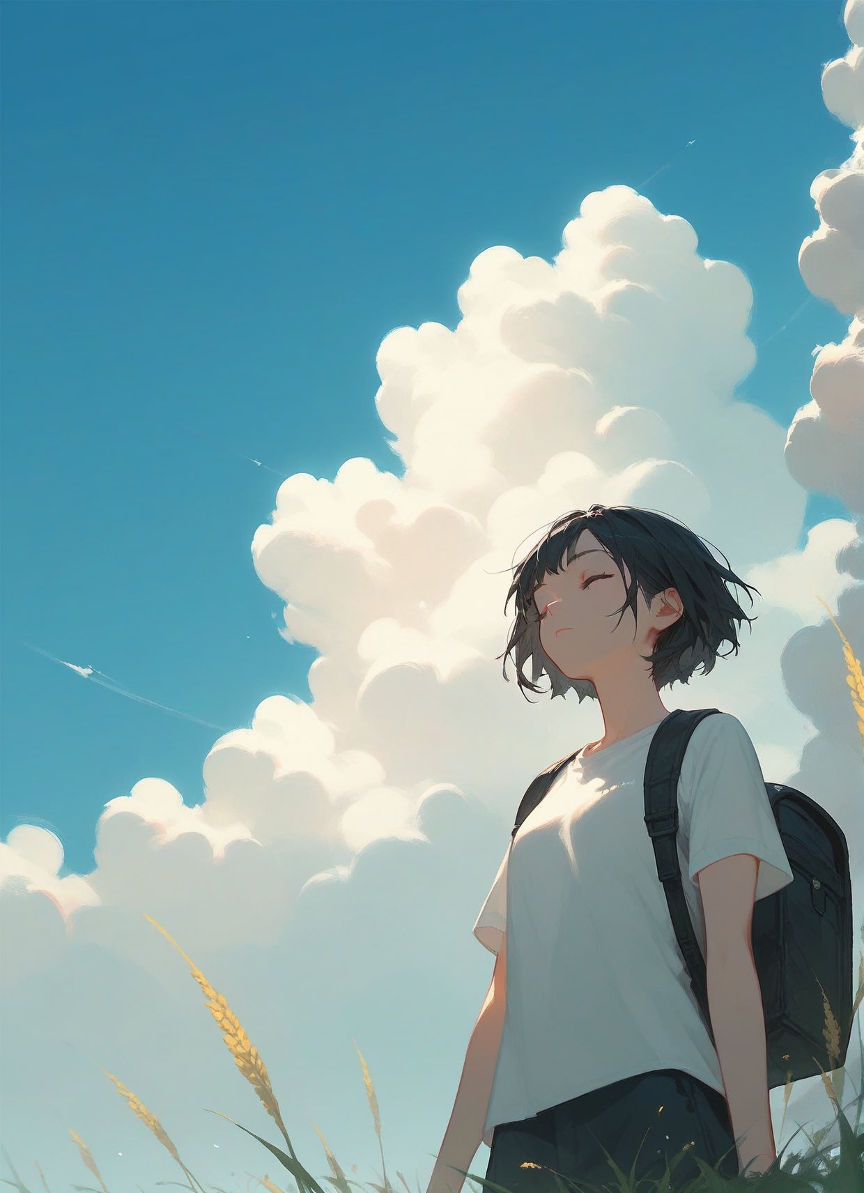 score_9,score_8_up,score_7_up,1girl,solo,sky,cloud,1girl,backpack,outdoors,shirt,short hair,bag,from below,white shirt,day,blue sky,short sleeves,black hair,closed eyes,grass,standing,cloudy sky,