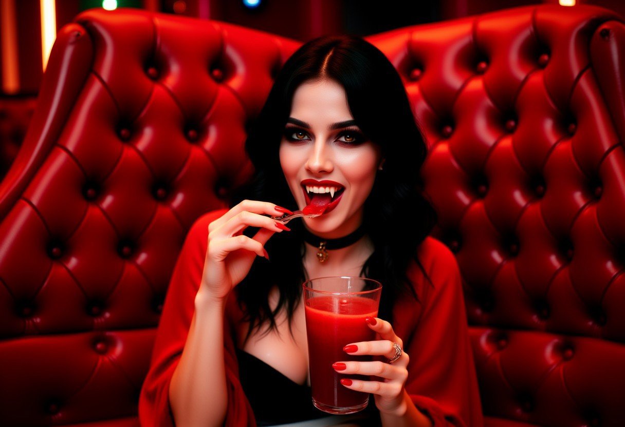 Vampyfangs1. A black haired vampire woman with fangs sits on a red couch drinking a red cocktail. She's at a red themed bar. Dramatic lighting. Noir.