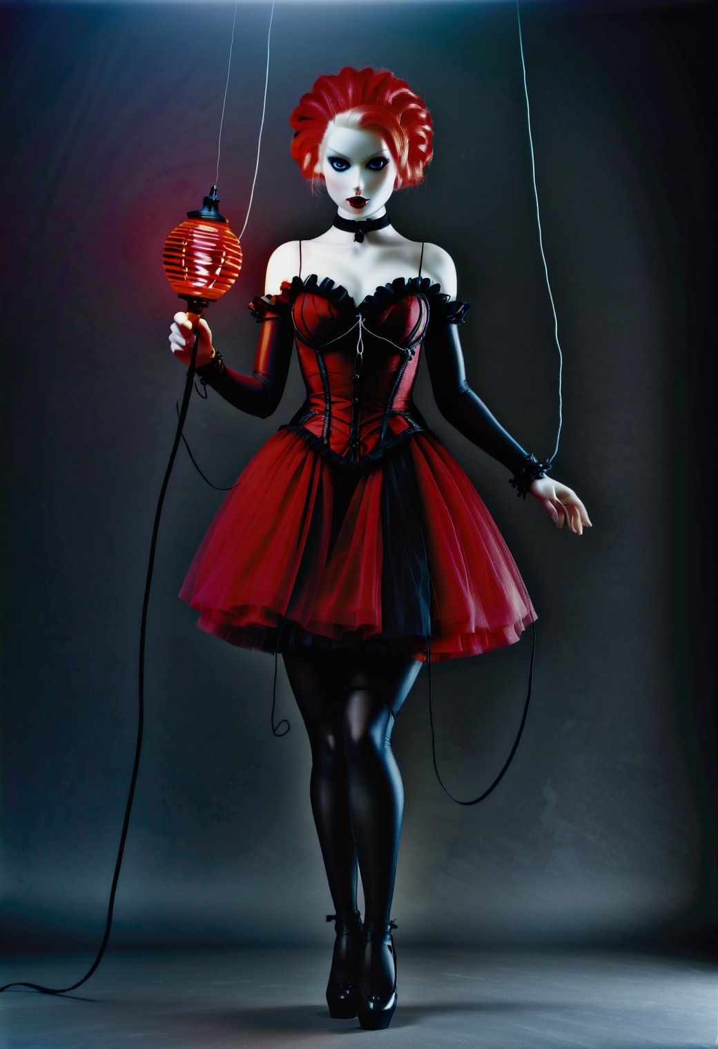 marionetka, a puppet in a red and black dress, holding a string, hdr, dslr, 16k UHD, detailed, 