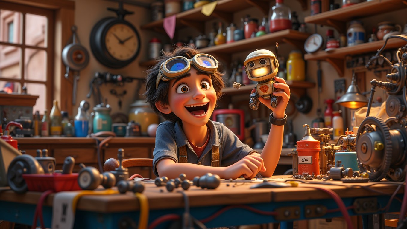 A young boy is sitting at a cluttered workbench in a garage, surrounded by gears, wires, and tools. He’s wearing oversized goggles, and his face is lit up with excitement as he holds up a small, homemade robot that he just finished assembling. The robot’s eyes are glowing, and it’s waving one of its tiny arms. The scene is filled with creativity and the thrill of invention   <lora:Cute_3d_Cartoon_Flux:0.6>