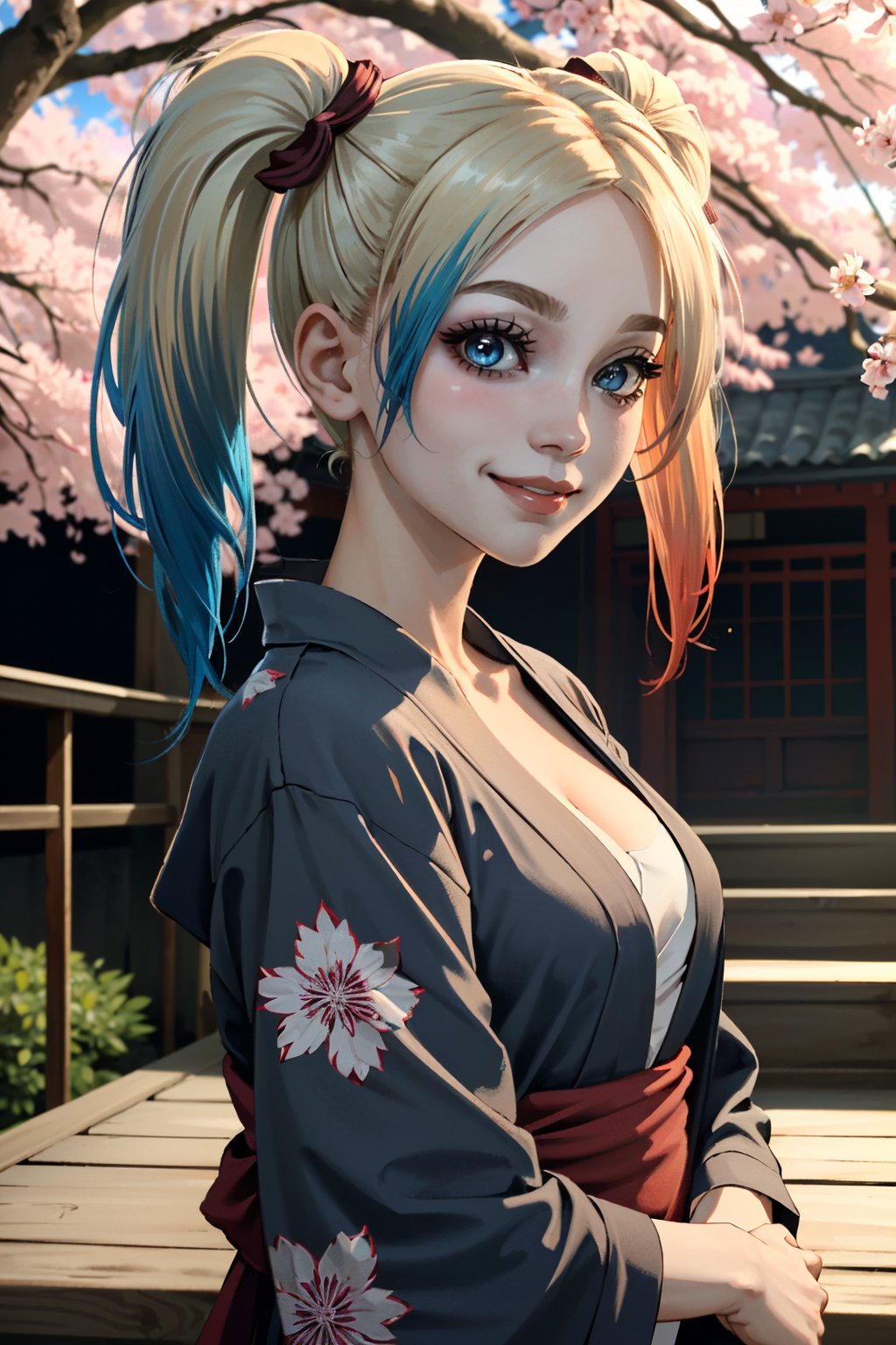 ((ultra detailed, masterpiece, absurdres)) <lora:I2HQuinn:0.8>I2HQuinn, 1girl, twintails, multicolored hair, blonde hair, blue eyes, smile, yukata, japan, cherry blossoms, hair ornament