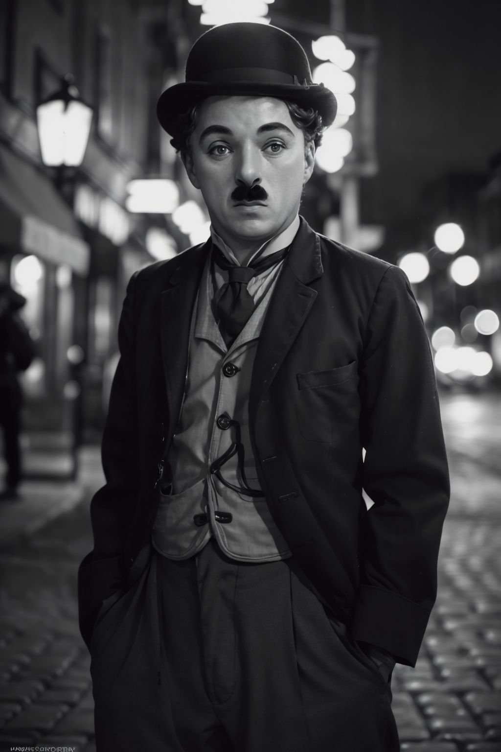 stunning intricate photo of <lyco:Charlie Chaplin_v1.0:1.0> Charlie Chaplin, dynamic pose, nocturne dreamy serene atmosphere, flickering light, photorealistic, epic realistic, soft cinematic light, warm lights, dramatic light, depth of field, faded, low saturation, muted colors, complex background, hyperdetailed, hyperrealism, (skin texture:1.2), sharp focus on eyes. film grain <lora:epi_noiseoffset2:1>