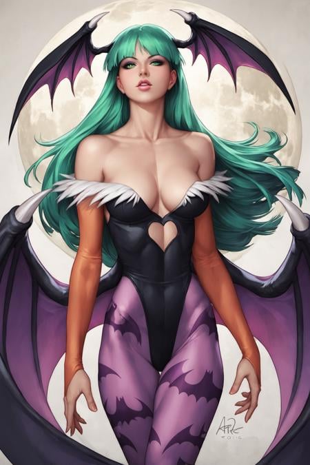 morrigan aensland,head wings,pantyhose,1girl,long hair,moon,green hair,breasts,leotard,demon girl,wings,full moon,bare shoulders,animal print,large breasts,bat print,bat (animal),lips,bat wings,cleavage,green eyes,realistic,print legwear,character name,parted lips,collarbone,score_9,score_8_up,<lora:Artgerm_XL_PONY:0.8>,