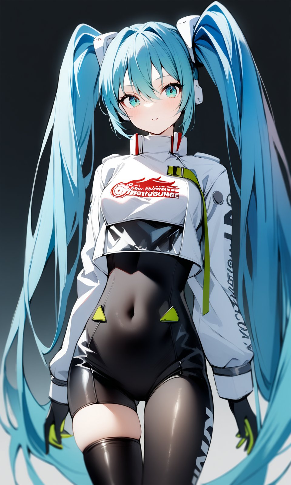 1girl, miku22, aqua eyes, aqua hair, black bodysuit, breasts, covered navel, cowboy shot, hatsune miku, long hair, looking at viewer, race queen, skin tight, solo, thighhighs, twintails, very long hair, zipper, looking at viewer, arms at sides, masterpiece, absurdres,<lora:RacingMiku2022_XL:1>