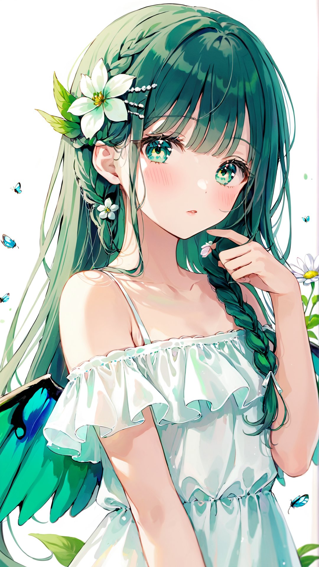 artist(roha), roha, , 1girl, solo, hair ornament, flower, braid, hair flower, dress, long hair, wings, looking at viewer, hair over shoulder, bare shoulders, white dress, bangs, blush, off shoulder, hand up, bug, white flower, upper body, parted lips, off-shoulder dress, aqua eyes, white background, green eyes, collarbone, green wings