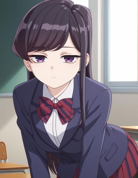 score_9, score_8_up, score_7_up, source_anime,shoukokomi, <lora:shouko-komi-s1s2-ponyxl-lora-nochekaiser:1>,shouko komi, long hair, bangs, black hair, purple eyes, expressionless, half-closed eyes,skirt, shirt, long sleeves, bow, school uniform, jacket, white shirt, pantyhose, pleated skirt, striped, collared shirt, bowtie, red skirt, blazer, blue jacket, striped bow, striped bowtie,indoors, classroom, bent over,looking at viewer, cowboy shot, dutch angle, solo,