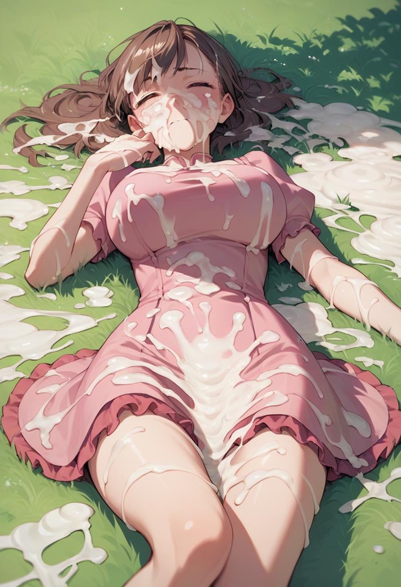 score_9, score_8_up, score_7_up, score_6_up, source_anime, <lora:extreme_bukkake_v0.1-pony:1> 1girl, brown hair, lying, frilled dress, grass,excessive cum, pink dress, short dress, pantyshot, large breasts, facial,