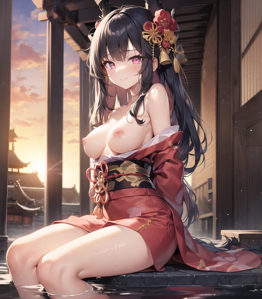 masterpiece, best quality, detailed, 1girl, pink eyes, long hair, black hair, (grapefruit in front), (temple in the background), sitting, red kimono, medium breasts, topless, light smile, arms behind back, water, sunset, hair ornament,