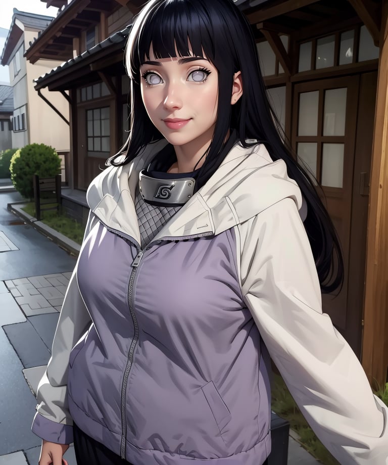 Hinata,black hair,blunt bangs,no pupils,grey eyes,long hair,long sleeves,konohagakure symbol,jacket,hood down,pants,smile,solo,village,outdoors,(insanely detailed, masterpiece, best quality,),<lora:HinataShip:0.9>,