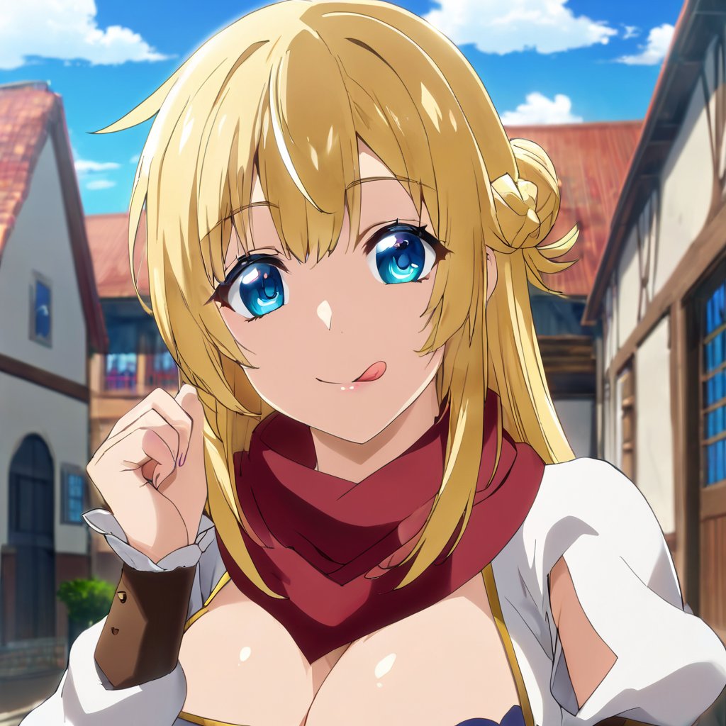 ritto, single hair bun, blonde hair,1girl, breasts, blue eyes, blonde hair, solo, tongue, long hair, large breasts, salute, cleavage, sky, upper body, cloud, long sleeves, belt, clothing cutout, braid, smile, outdoors, brown belt, french braid, scarf, puffy sleeves,  white shirt,masterpiece, perfect face, best quality, beautiful girl, cute girl, beautiful eyes, shiny eyes, anime coloring, anime screencap, absurdres, award winning,<lora:ritto s1 asyncs 902:0.6>