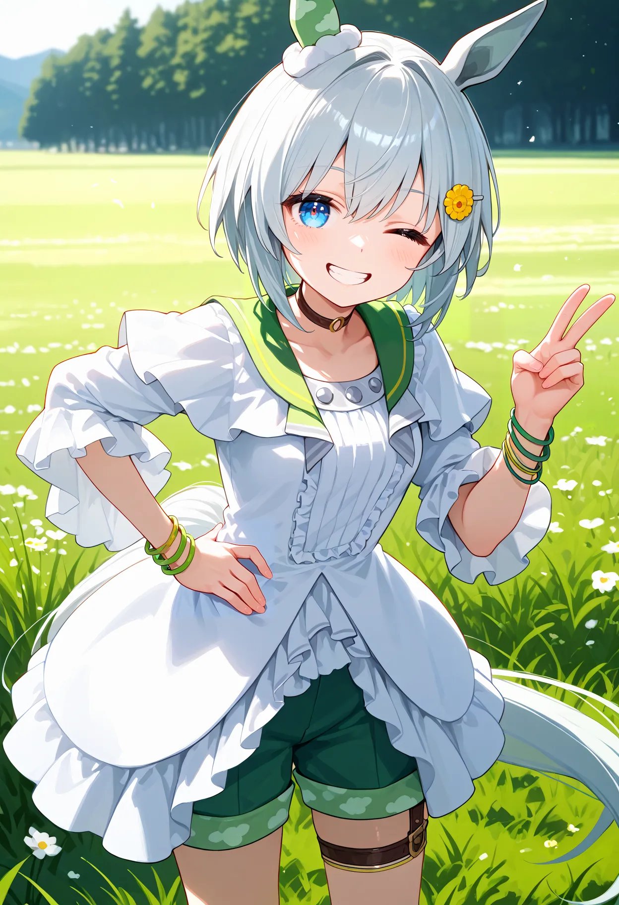 score_9, score_8_up, score_7_up, BREAK, best quality, masterpiece, very aesthetic, ultra detailed,very detailed background,BREAK,,zPDXL3,SS_Race, 1girl, solo, short hair, white hair,blue eyes, hair ornament, horse ears, horse tail,green shorts, choker, hairclip,Flutter Sleeves,white dress,bracelet,white frills,(Sailor collar:0.6),smirk, looking_at_viewer, v over eye,happy,wink,hand on hip,field,bluesky,close up face,<lyco:Seiun_Sky-ponyXL_locon:1>