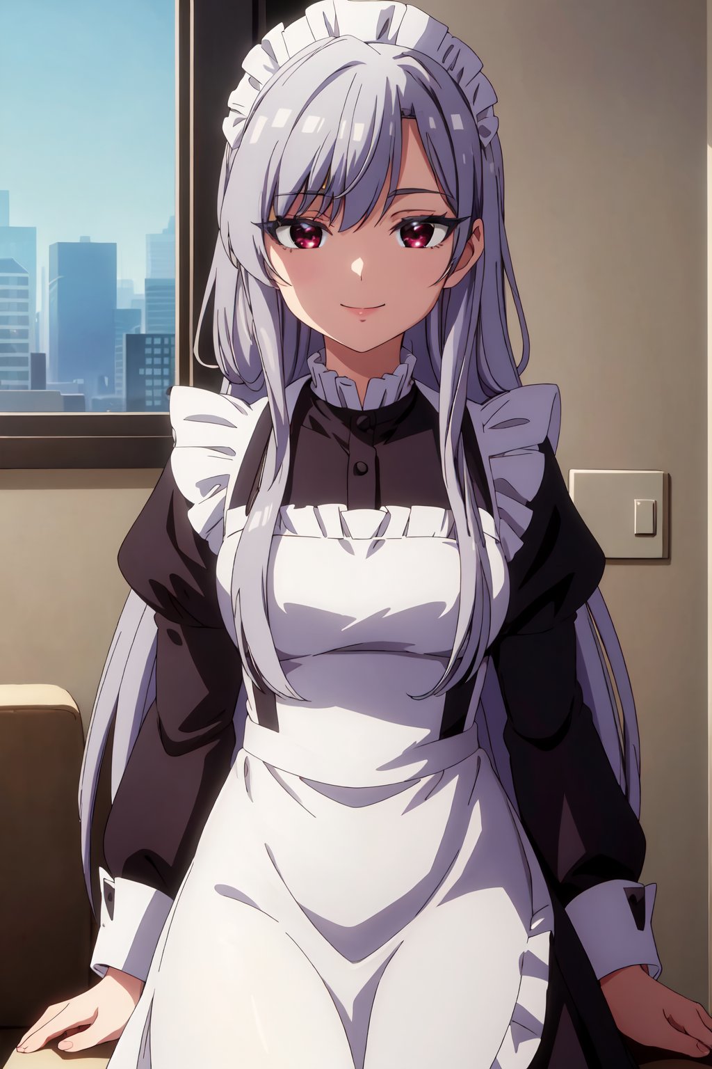 NanoEiai, 4k, absurd, high resolution, very high resolution, high definition, masterpiece, 1 girl,long hair, alone, silver hair, locks, reddish brown eyes, maid dress, smile<lora:EMS-392397-EMS:0.700000>