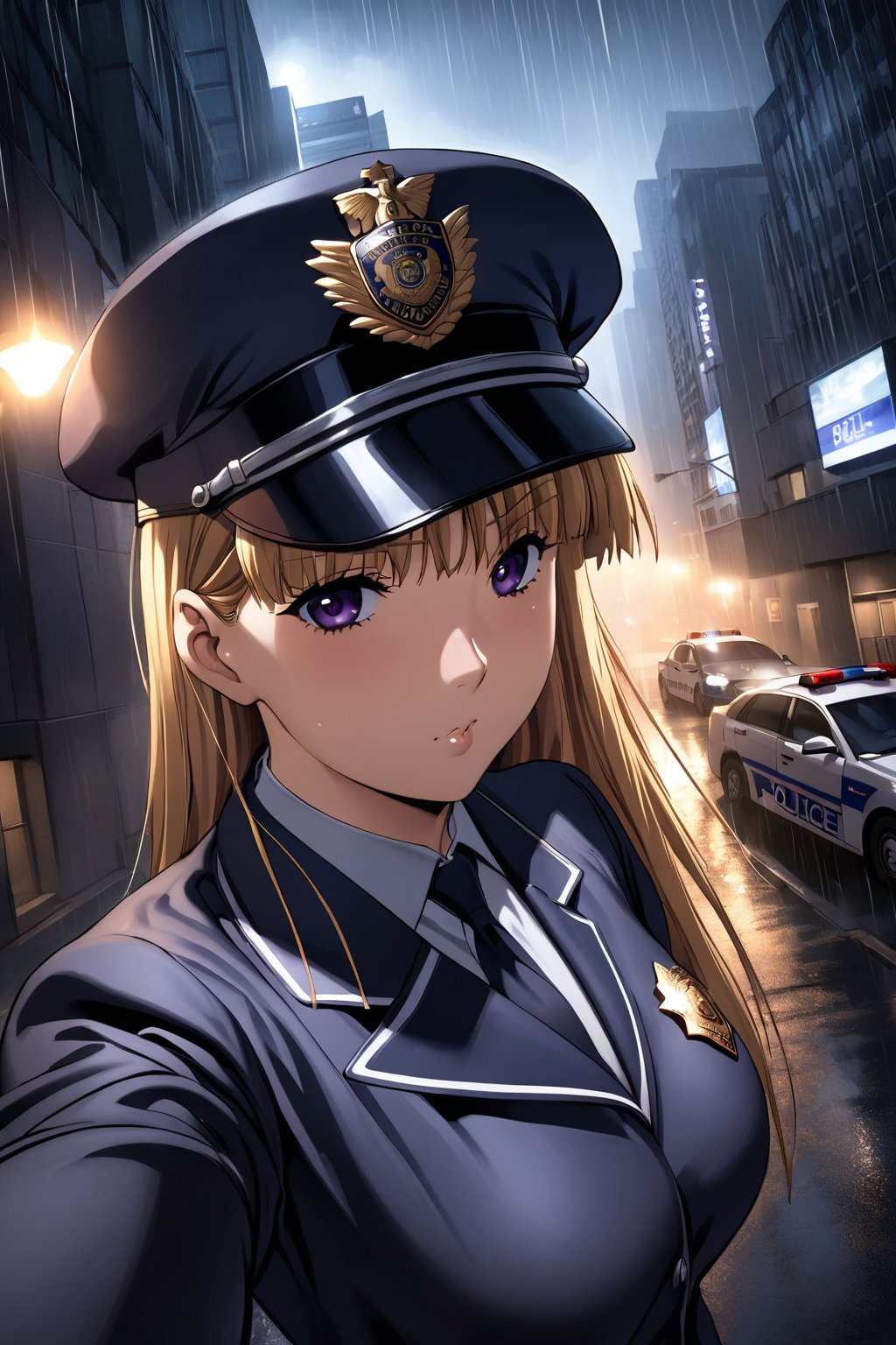 high detailed,very aesthetic,high detailed,very aesthetic, kanzaki asuka, 1girl, blonde hair, purple eyes, A police officer, standing under a dim streetlight, modern skyscrapers background, wearing dark blue uniform, take a selfies, police cap, salute, a shadowy corner, light rain falls, mysterious atmosphere, police car, flashing lights, mist, Cinematic, dramatic lighting, high contrast, wide angle,<lora:kanzaki asuka aam:0.8>