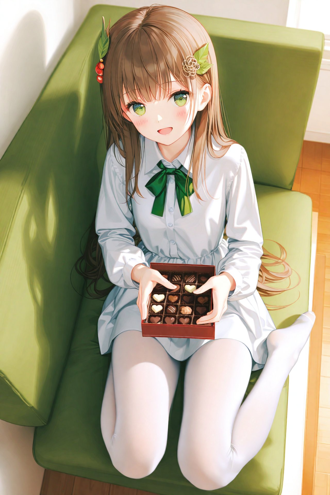 masterpiece,best quality,illustration,ultra detailed,hdr,Depth of field,(colorful),[iumu],[Artist chen bin],Artist himitsu_(hi_mi_tsu_2),1girl,solo,hair_ornament,pantyhose,sitting,long_hair,green_eyes,looking_at_viewer,brown_hair,dress,open_mouth,shirt,white_shirt,white_pantyhose,indoors,no_shoes,blush,long_sleeves,bangs,chocolate,bow,leaf_hair_ornament,couch,box,food,holding,valentine,dated,from_above,breasts,smile,collared_shirt,