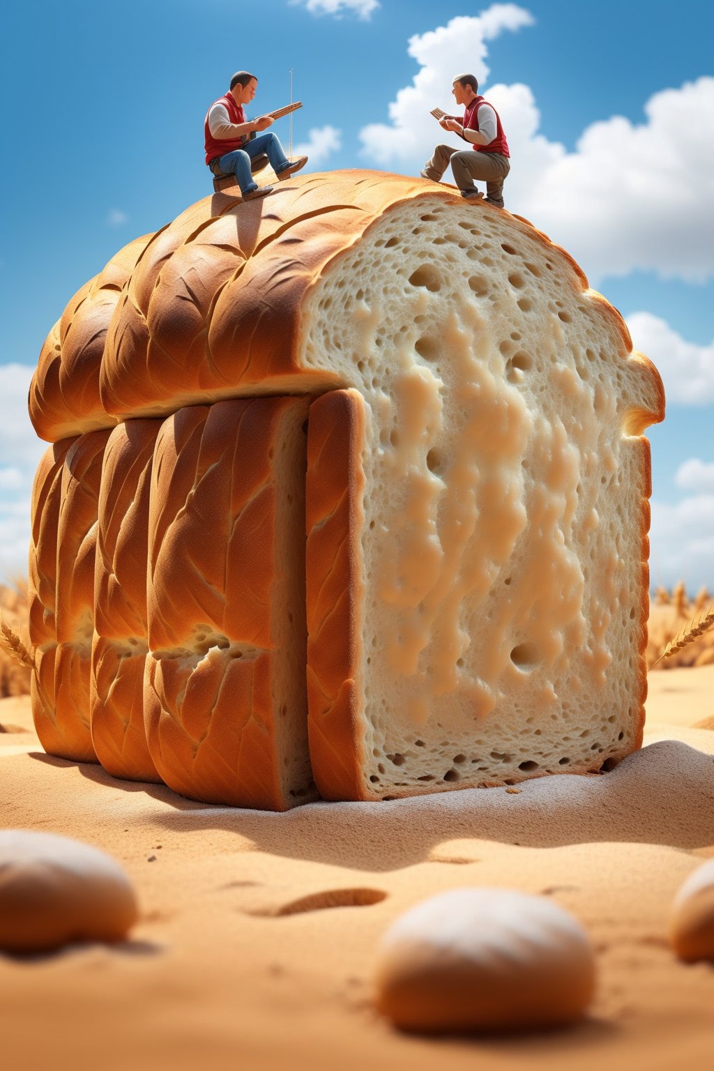 masterpiece,best quality,<lora:微缩世界-美食版>,miniature photography,a bread with two people on top of it and some wheat stalks in the background with a sky background,