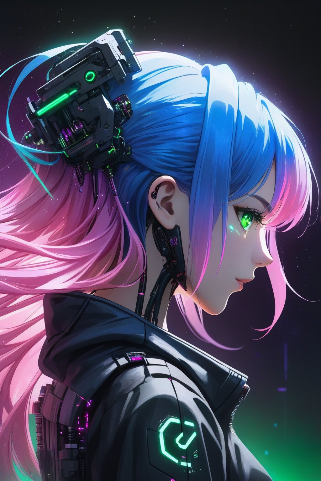 blue hair, pink hair, gradient hair, green eyes, purple eyes, gradient eyes, from side, profile picture, cyberpunk background, robotic, hair flowing over, volumetric lighting, light particles, sparkling eyes, dystopian, colorful