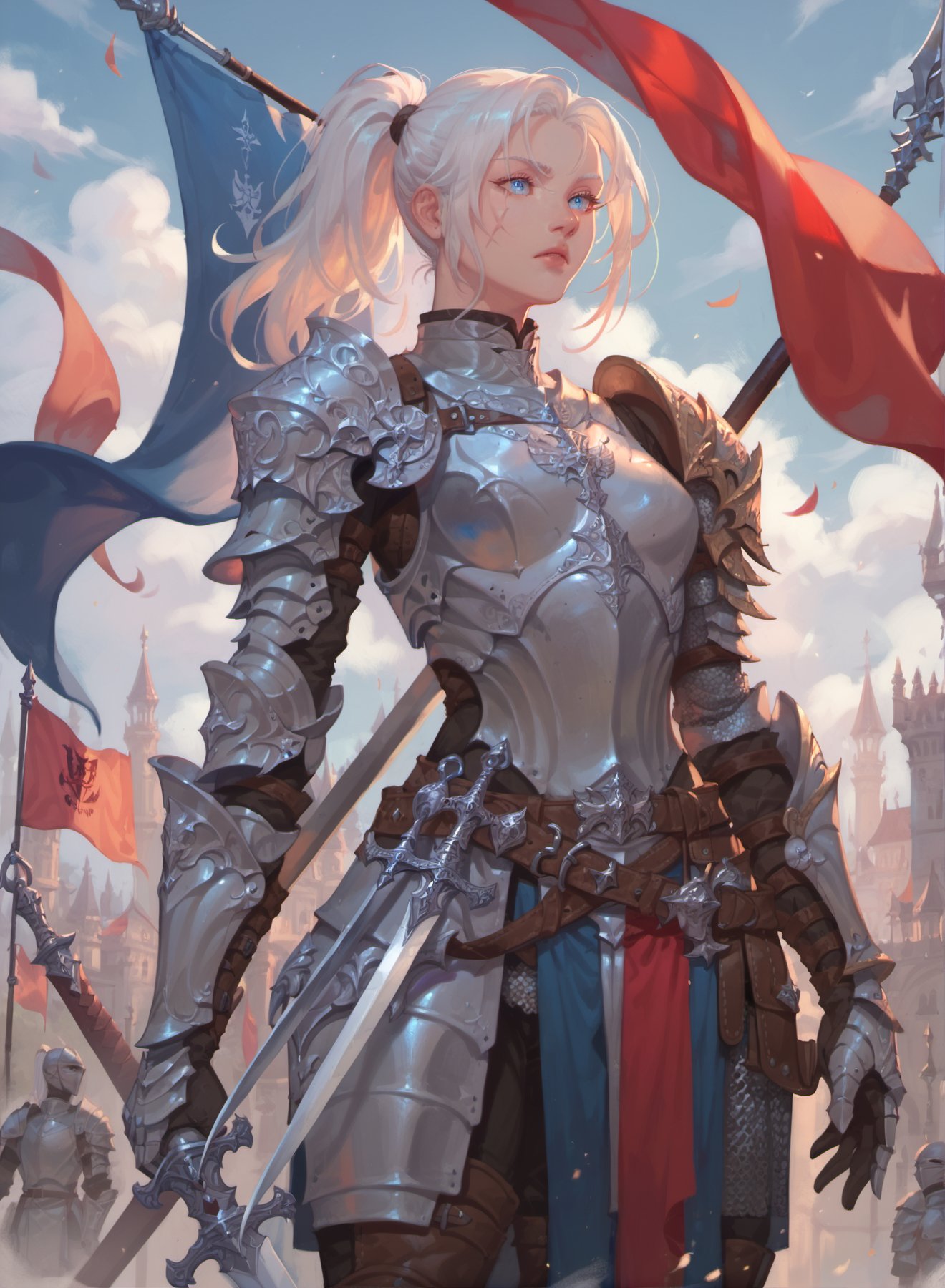 score_9, score_8_up, score_7_up, 1girl, armor, weapon, sword, solo, gauntlets, pauldrons, shoulder armor, flag, banner, chainmail, belt, knight, breastplate, plate armor, scar, ponytail, blue eyes, white hair, white eyelashes,