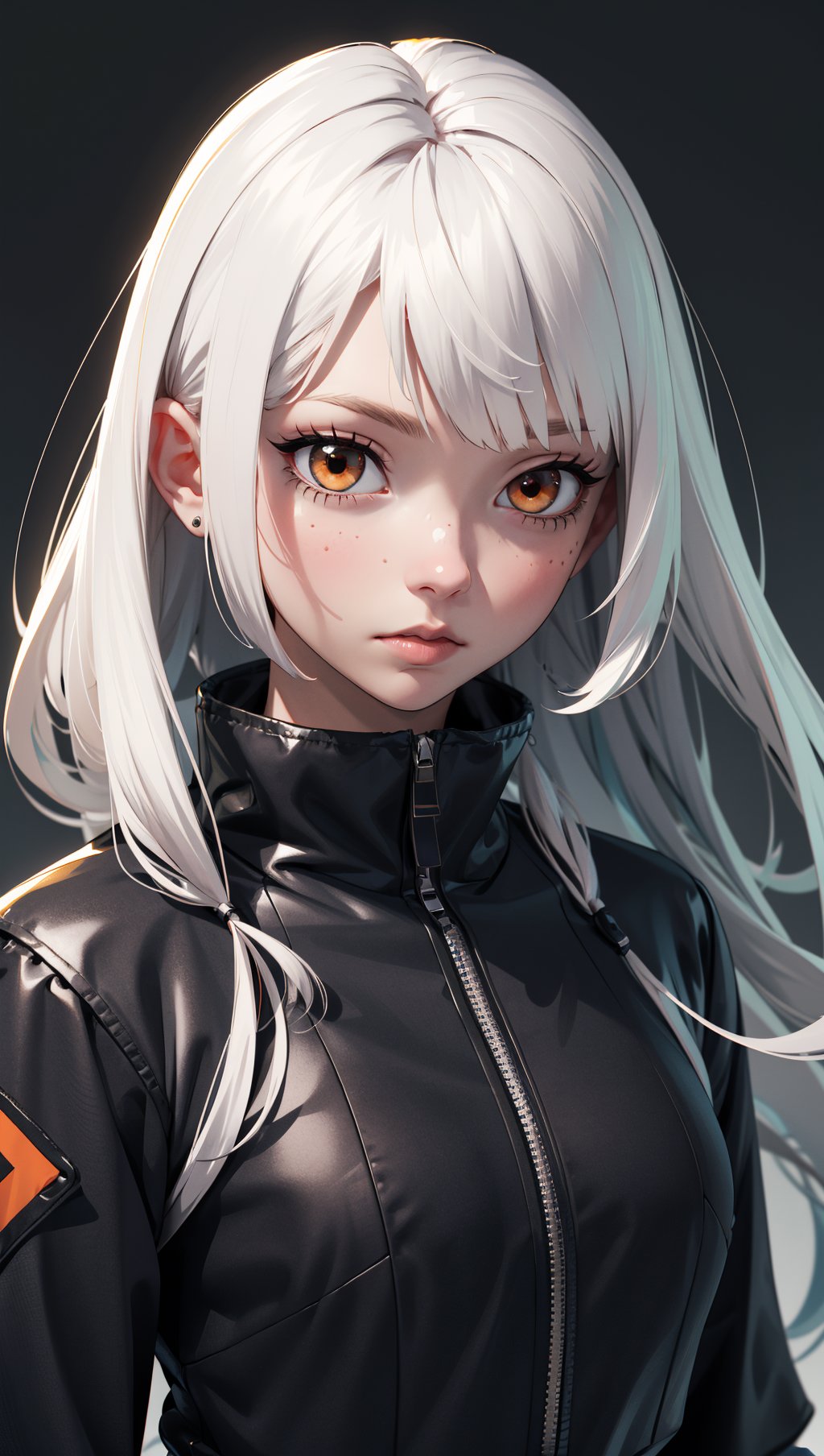 style of Tsutomu Nihei,(incredibly absurdres, (high resolution:1.18), intricate detail, (masterpiece:1.1), (highest quality:1.1), absurdres) BREAK (1girl, solo, portrait, white hair, orange eyes, long hair, detailed eyes),