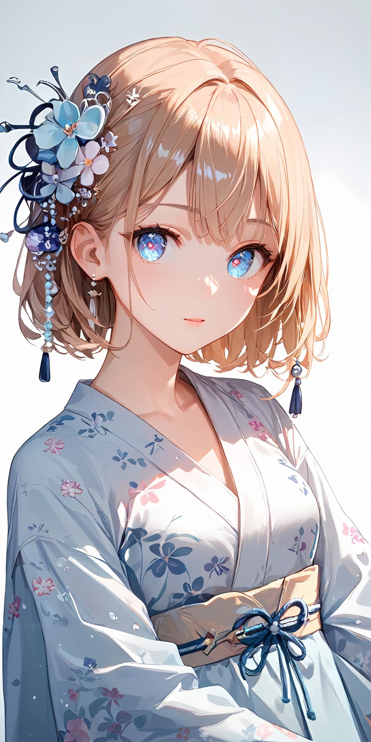 score_9, score_8_up, score_7_up,source_anime, high res image,masterpiece,best quality,girl,cute face,clear skin,shiny hair,ultra detailed eyes,simple background, <lora:hanfu_Pony_V1.0:1> jyojifuku, hair ornament, floral print