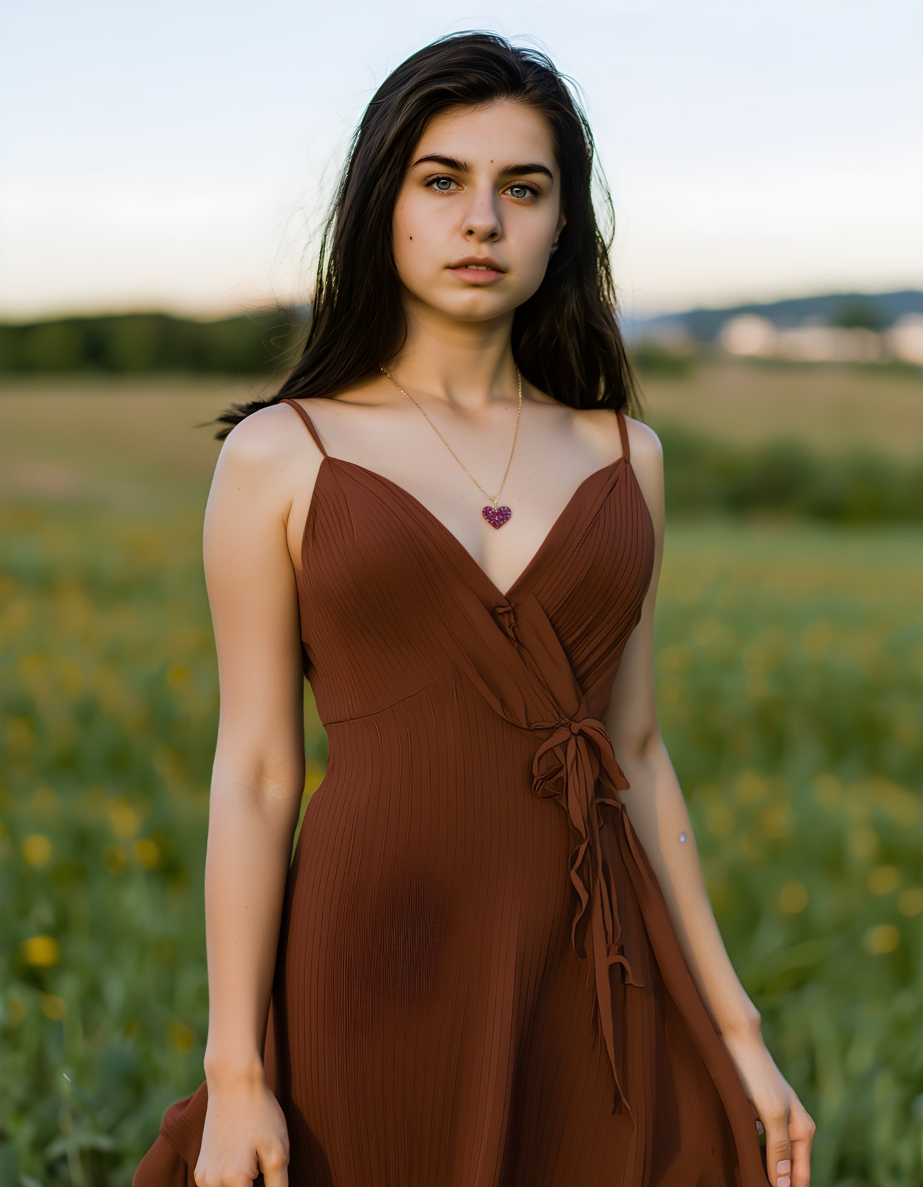 best quality, 4k, 8k, masterpiece, ultra-detailed, photorealistic, woman, long hair, looking at viewer, blue eyes, black hair, dress, cleavage, jewelry, collarbone, heart, outdoors, necklace, mole, blurry, lips, blurry background, realistic, brown dress, field, heart necklace, photorealistic,