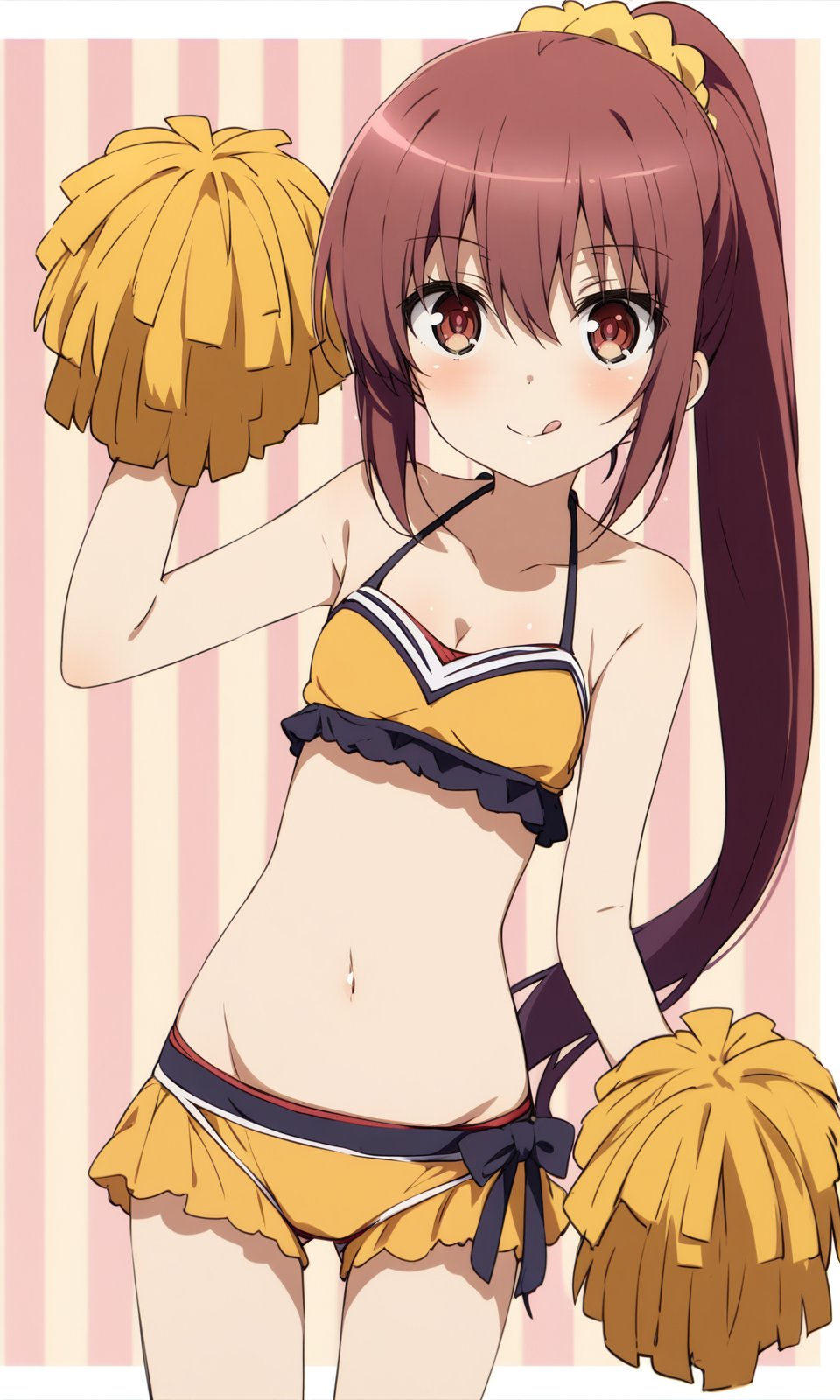 masterpiece, best quality, by ogipote, BREAKsuzukiikumi, 1girl, :p, :q, bikini, brown eyes, brown hair, flower, hair ornament, hair scrunchie, halterneck, heart, long hair, looking at viewer, pom pom \(cheerleading\), ponytail, scrunchie, smile, solo, striped, striped background, sunflower, sunflower hair ornament, swimsuit, tongue, tongue out, yellow bikini, yellow flower, <lora:SuzukiIkumi_XL:1>