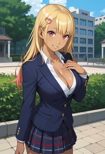 score_9,score_8_up,score_7_up,score_6_up,score_5_up,score_4_up, BREAK, 1girl, solo, (looking at viewer), scenery, outdoors, cleavage,  gyaru, School uniform, blazer, skirt, ribbon, hair ornament, accessories, cleavage, large breasts, hand on own chest, smile, 