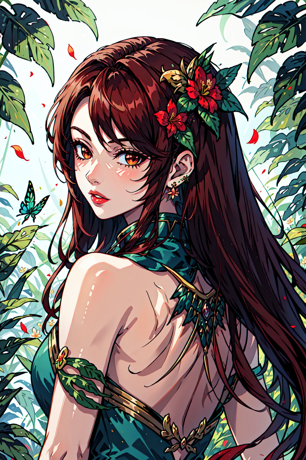 FeoDusk, 1girl, solo, long hair, brown hair, hair ornament, bare shoulders, jewelry, flower, red hair, earrings, looking back, hair flower, lips, leaf, head wings, <lora:FaeConceptV2:0.6>