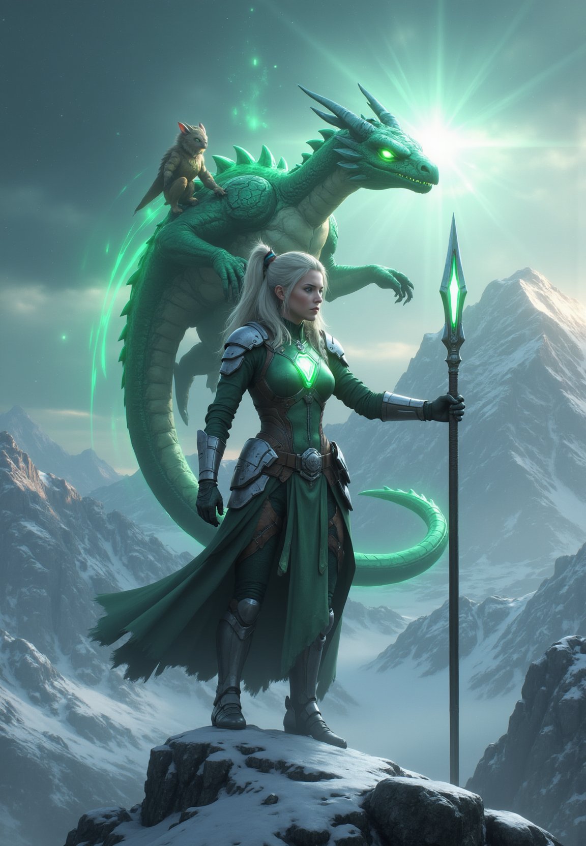 high definition, extremely detailed, masterpiece, photo realistic, In a realm where magic weaves through the air like whispers, a 19-year-old girl named thomasinara stands atop the snowy mountain peak, With her enchanted staff, she conjures spells that shimmer with ethereal light. Perched on her shoulder is her loyal companion, a child dragon named Drogon, whose scales glisten like emeralds. Together, they navigate the mystical landscapes, their bond unbreakable.  In this fantastical world, she is both warrior and protector, a symbol of courage and magic intertwined.polishswordsman