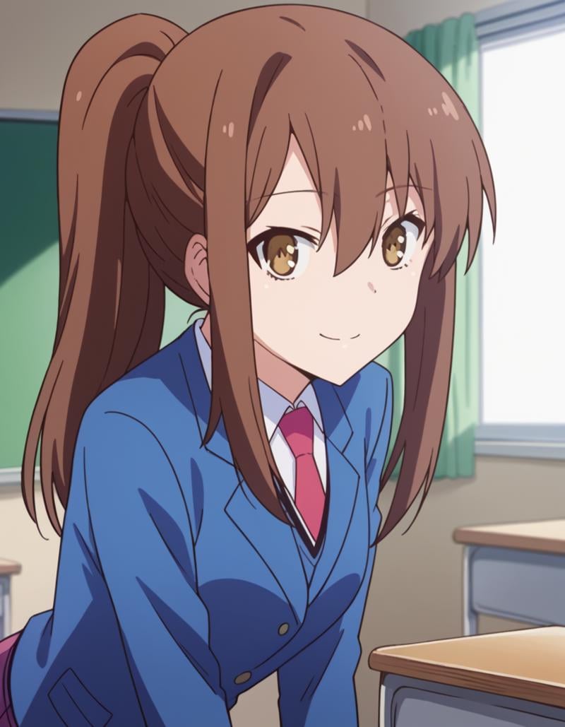 score_9, score_8_up, score_7_up, source_anime,nanamiaoyama, <lora:nanami-aoyama-s1-ponyxl-lora-nochekaiser:1>,nanami aoyama, long hair, bangs, brown hair, hair between eyes, brown eyes, ponytail, sidelocks,skirt, school uniform, jacket, pleated skirt, necktie, blazer,indoors, classroom, bent over, smile,looking at viewer, cowboy shot, solo, dutch angle