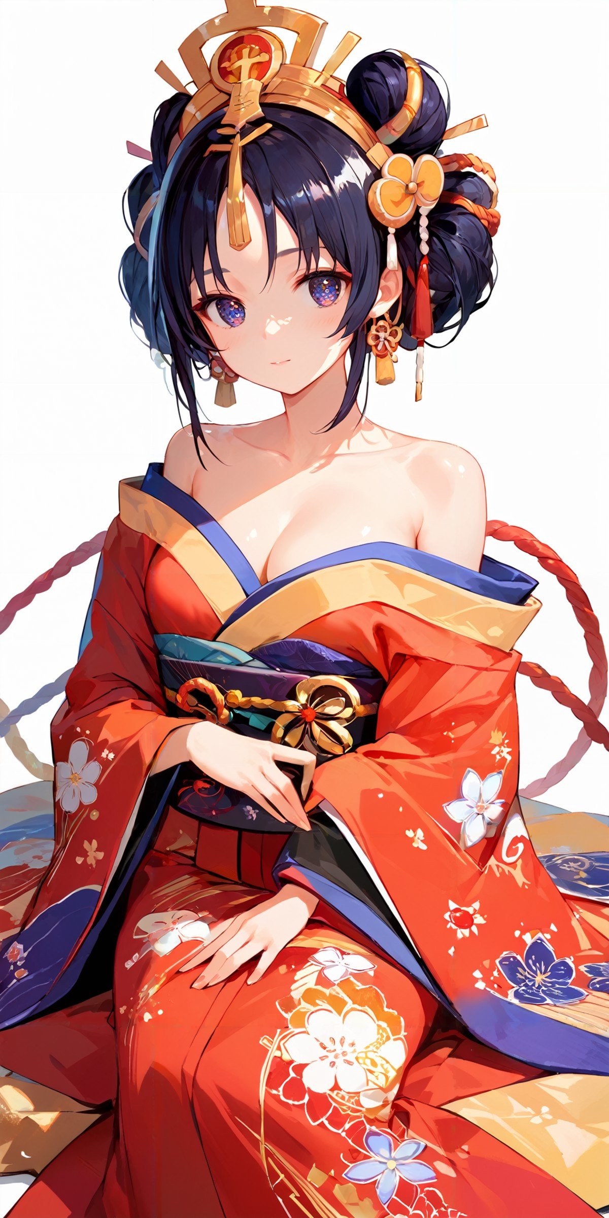score_9, score_8_up, score_7_up,source_anime, high res image,masterpiece,best quality,girl,cute face,clear skin,shiny hair,ultra detailed eyes,simple background, <lora:oiran_Pony_V1.0:1> oiran, hair ornament, japanese clothes, floral print,off shoulder