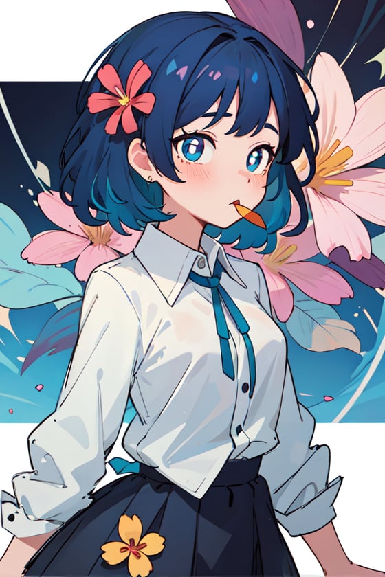 masterpiece,best quality,upper body,1girl,collared_shirt and flared_skirt as material3,gradient,abstract,glitch,blue hair,small breasts,diamond-shaped pupils,flower in mouth,three sided view