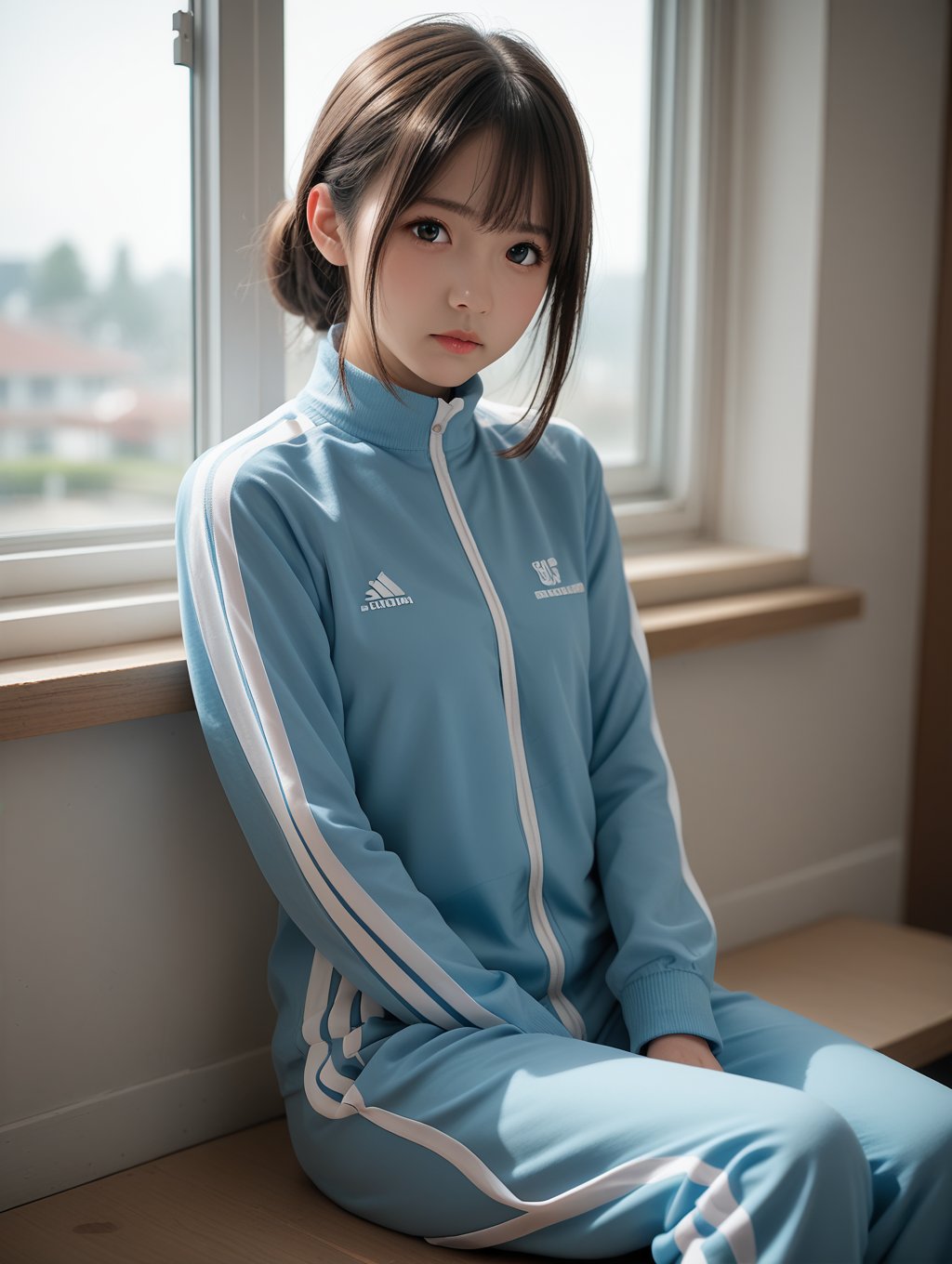 score_9, score_8_up, score_7_up,source_real,rating_explicit,BREAKdramatic light,indoors,school, depth of field,dramatic shot, sitting in window, cute,1girl,looking at viewer,track suit, 